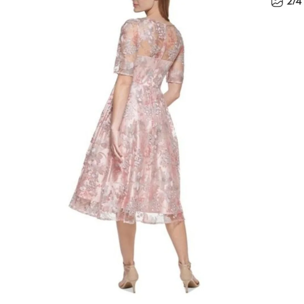 Eliza J Pink Embroidered Lace Overlay Fit & Flare Midi Dress Girly Glinda Spring - Picture 4 of 14